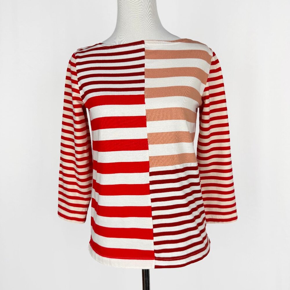 J.Crew Women's XXS Red White Boatneck Patchwork Striped Shirt Top 3/4 sleeves